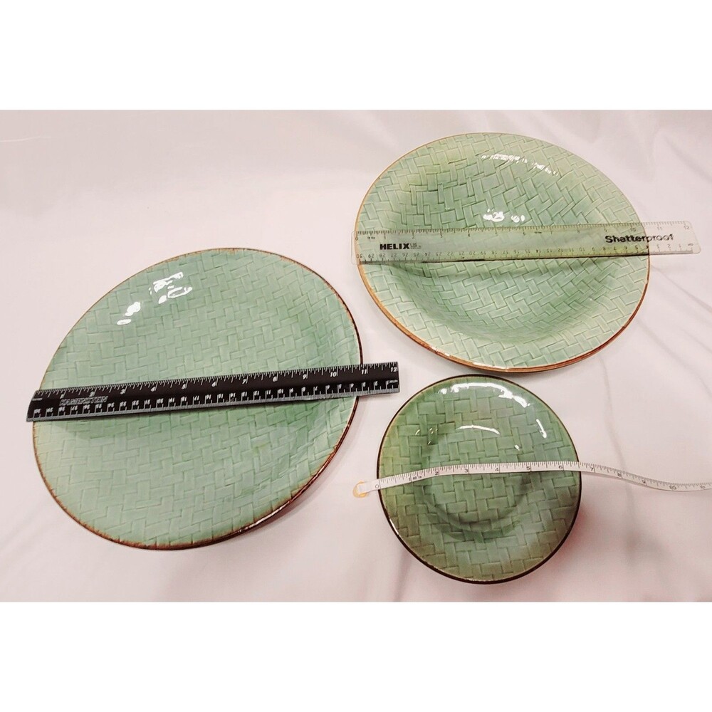 RARE MCM 3 Baldelli Italy Green Basketweave Serving Plates Bowl Mid Century Mod - Picture 7 of 7
